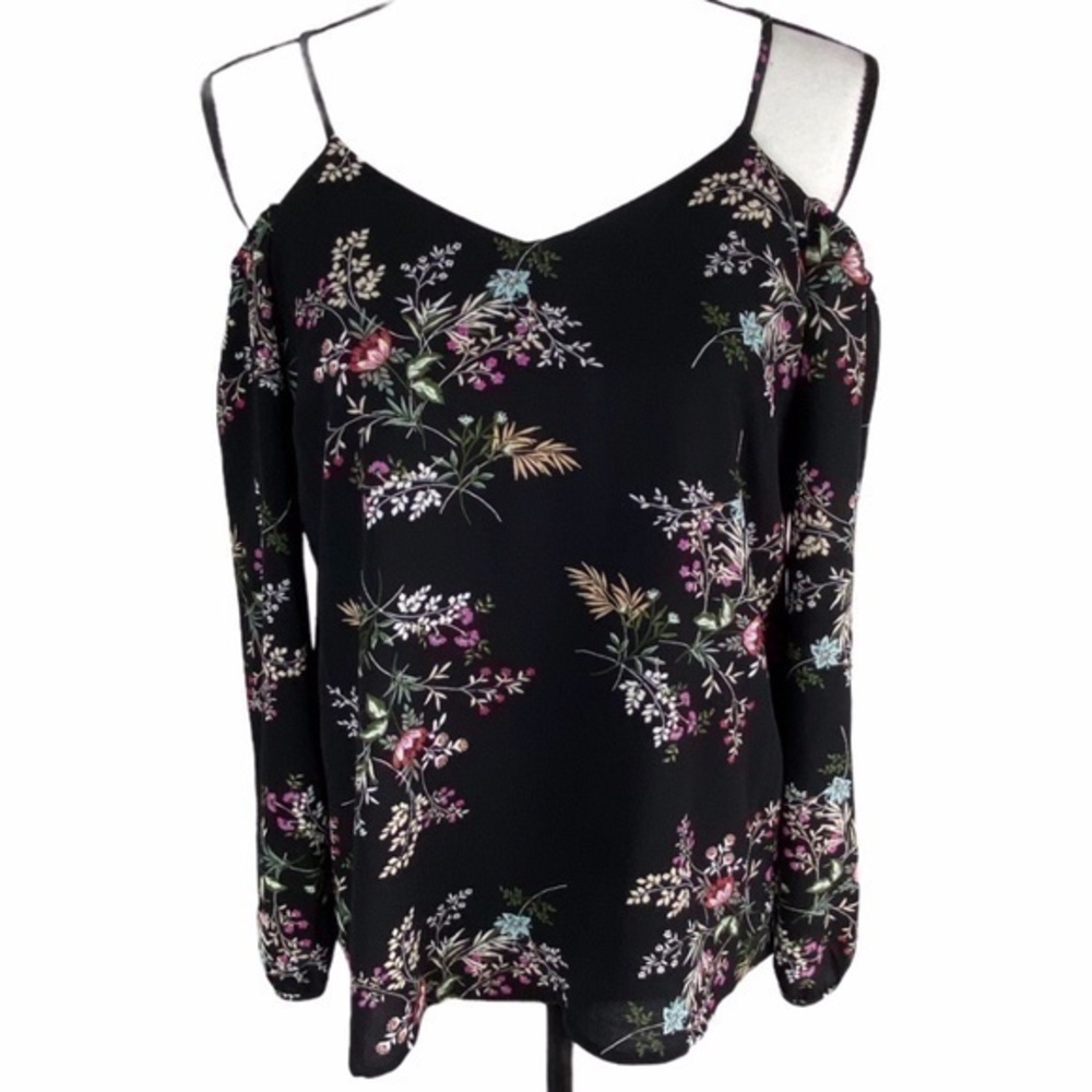 Monteau Top Cold Shoulder Black Floral Print Blouse Top Size Medium